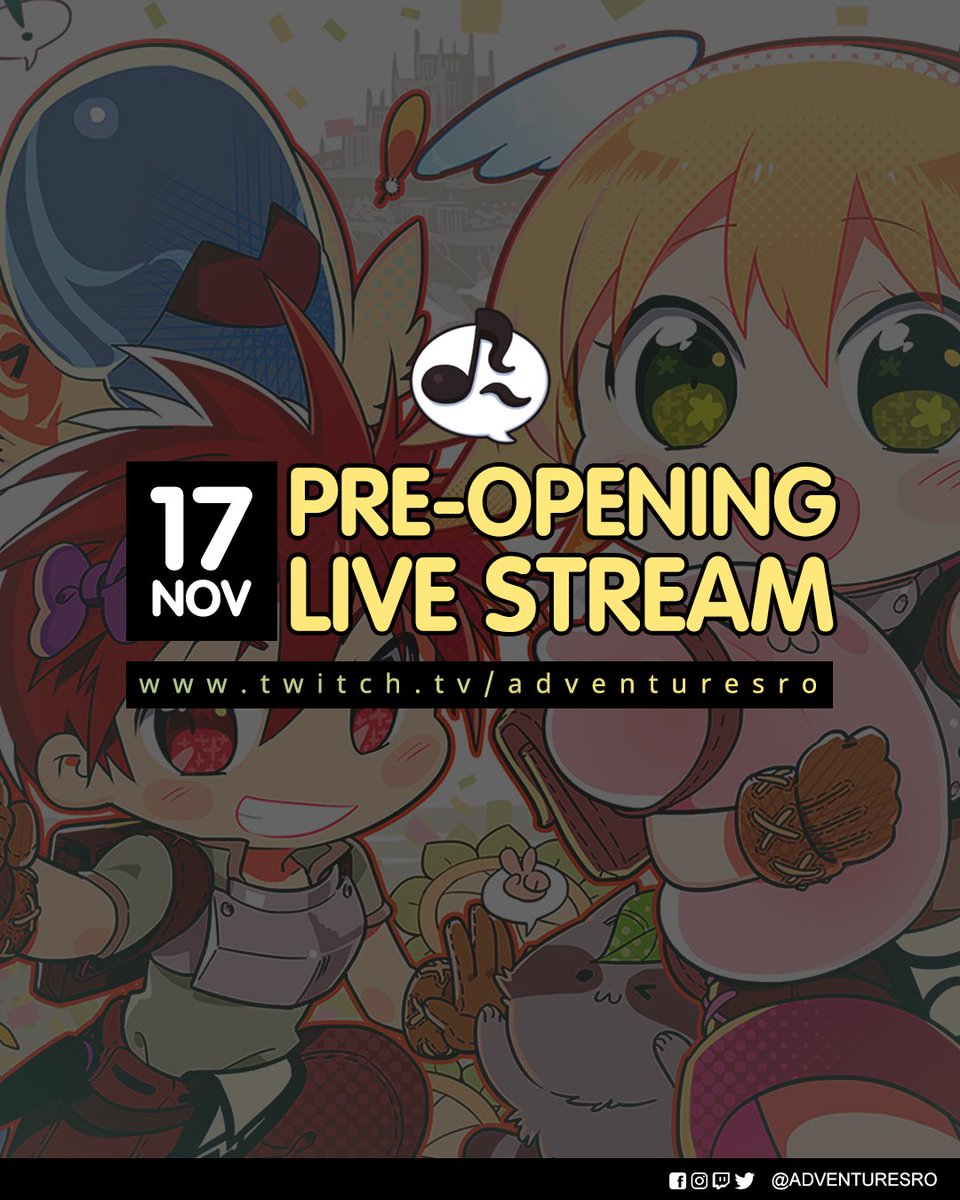 AdventuresRO's tweet photo. Aventureros, los invitamos a participar del primer LiveStream de #AdventuresRO! Vamos a revelar finalmente lo que tanto han estado esperando, entre otras cosas🔥
➡Miércoles 17/11 a las 22:00 hrs GMT 0 por nuestro Canal de Twitch! (https://t.co/p4EJf0DbFi)

#RagnarokOnline https://t.co/Xgy8QsIps6