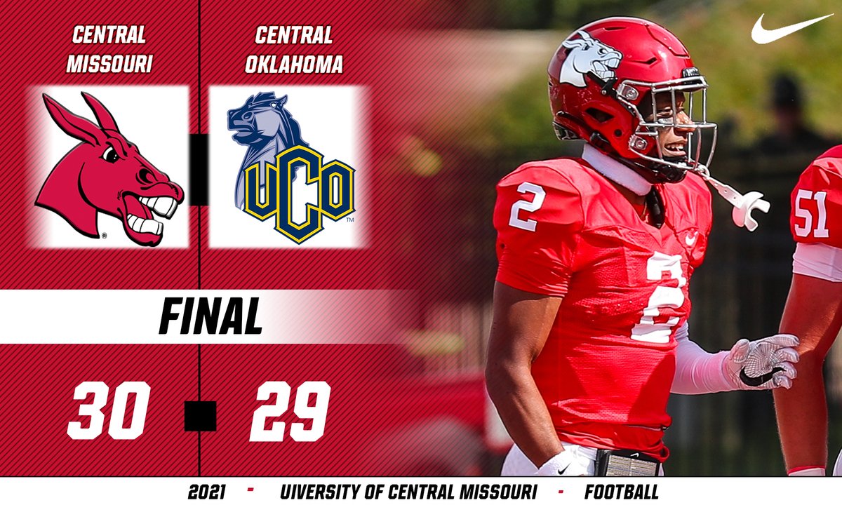 UCMFootballTeam's tweet photo. FINAL | We hold on for a 30-29 win over Central Oklahoma on Senior Day!

Logan Twehous: 28-for-44 with 369 yards, 3 TDs; Cam Saunders: 7 catches for 122 yards, TD; Codie Bell: 9 tackles.

#teamUCM https://t.co/4BiW6P9KXT