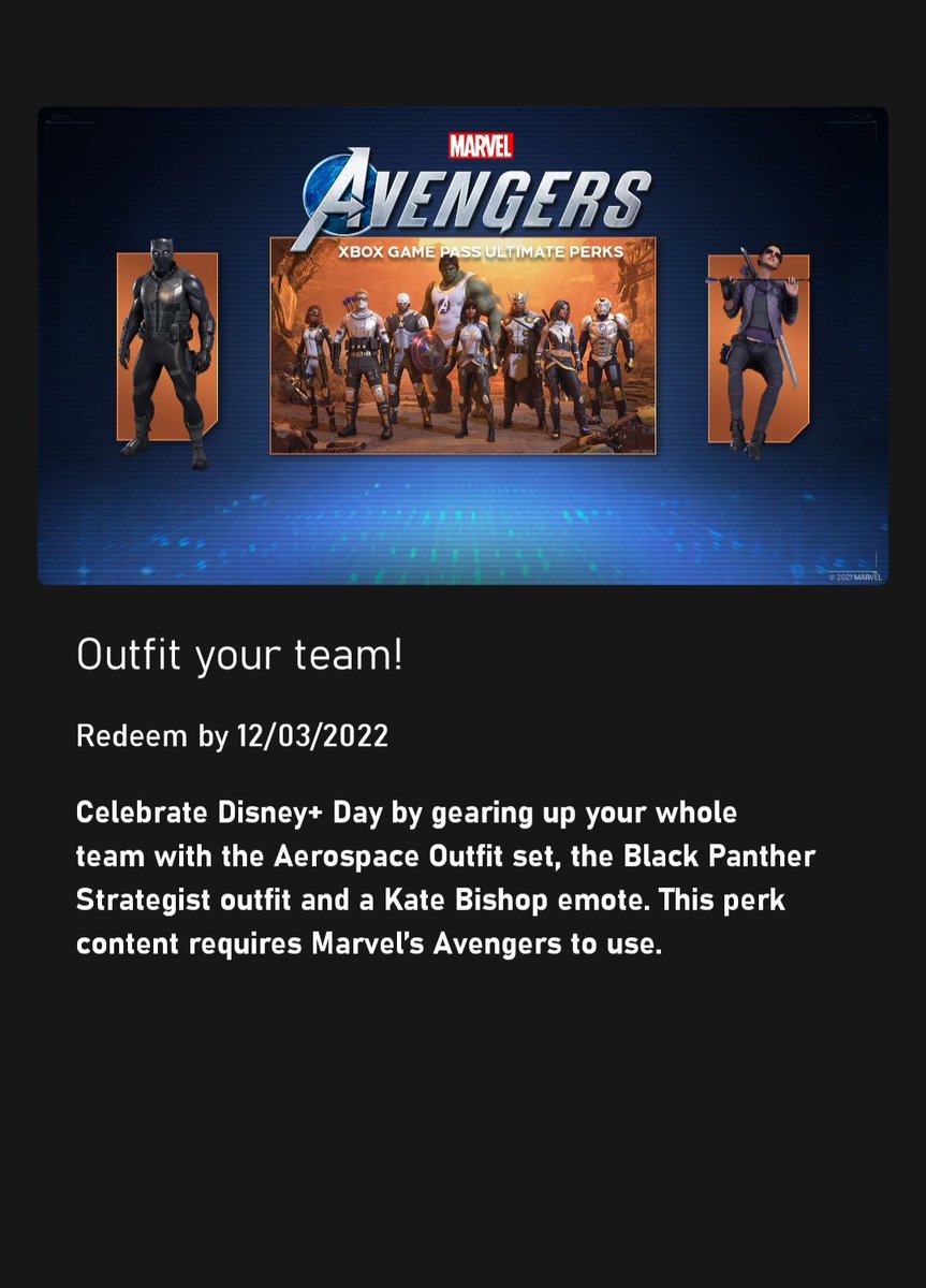 RyanActually1's tweet photo. Any of my followers who doesn't have #XboxGamePass and thus doesn't have access to these perks, like a code to redeem for the below pack for #MarvelsTheAvengersGame ? First come first serve #Xbox #DLCCode https://t.co/1OnGHaSHEj