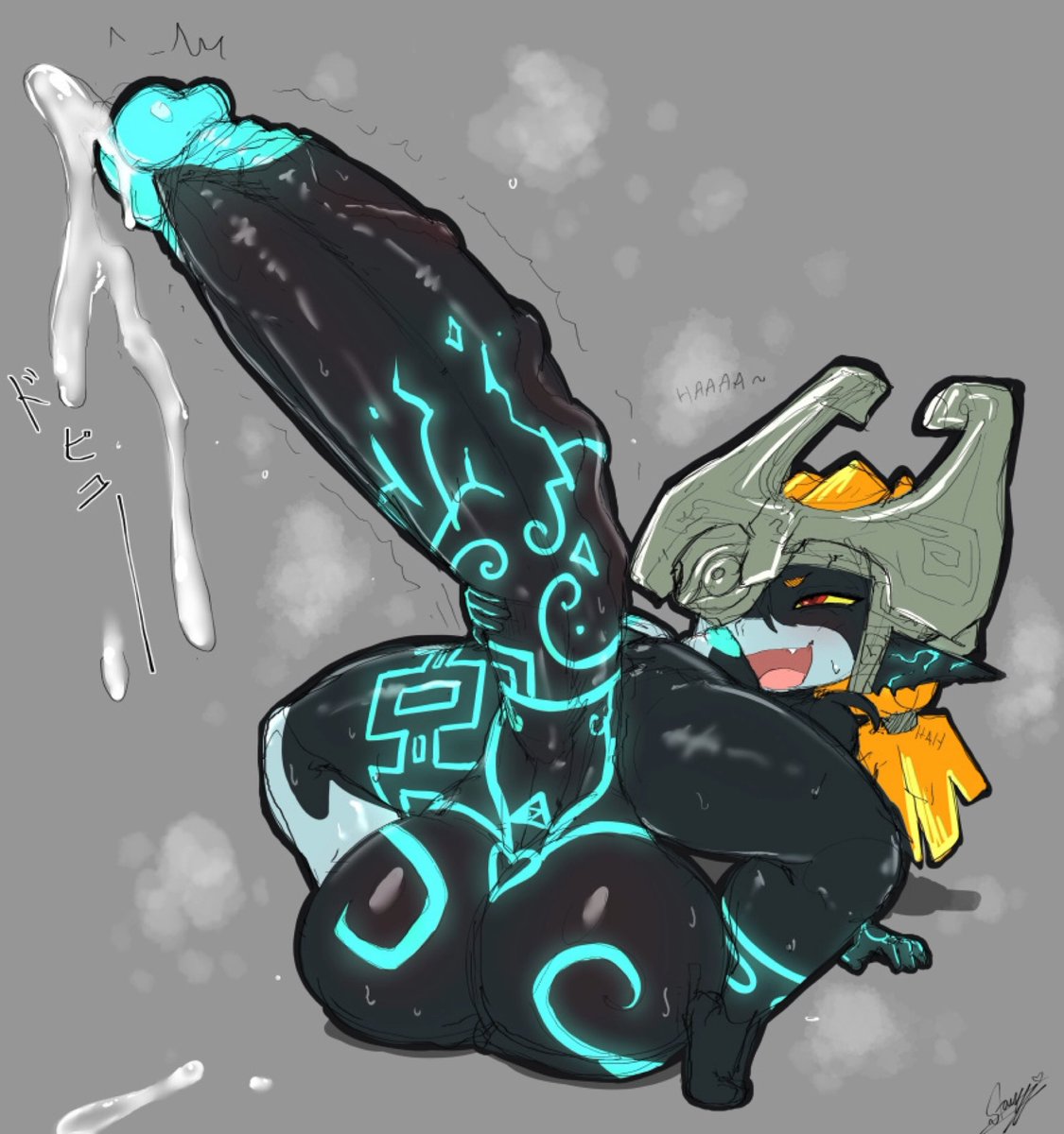 “Ahh~!” She’s extremely pent up. May or may not be looking at the reader, with that erection.