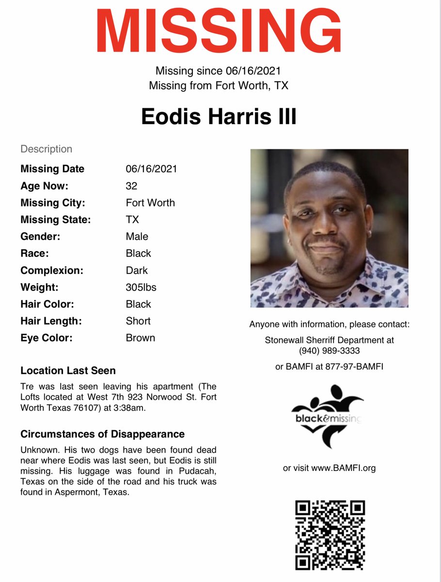 BAM_FI's tweet photo. Fort Worth, Texas: 32 year-old Eodis Harris III was last seen on June 16.
His two dogs were found dead near where Eodis was last seen, but Eodis is still missing.
Have you seen him? #HelpUsFindEodis https://t.co/PIEg3Eqnix