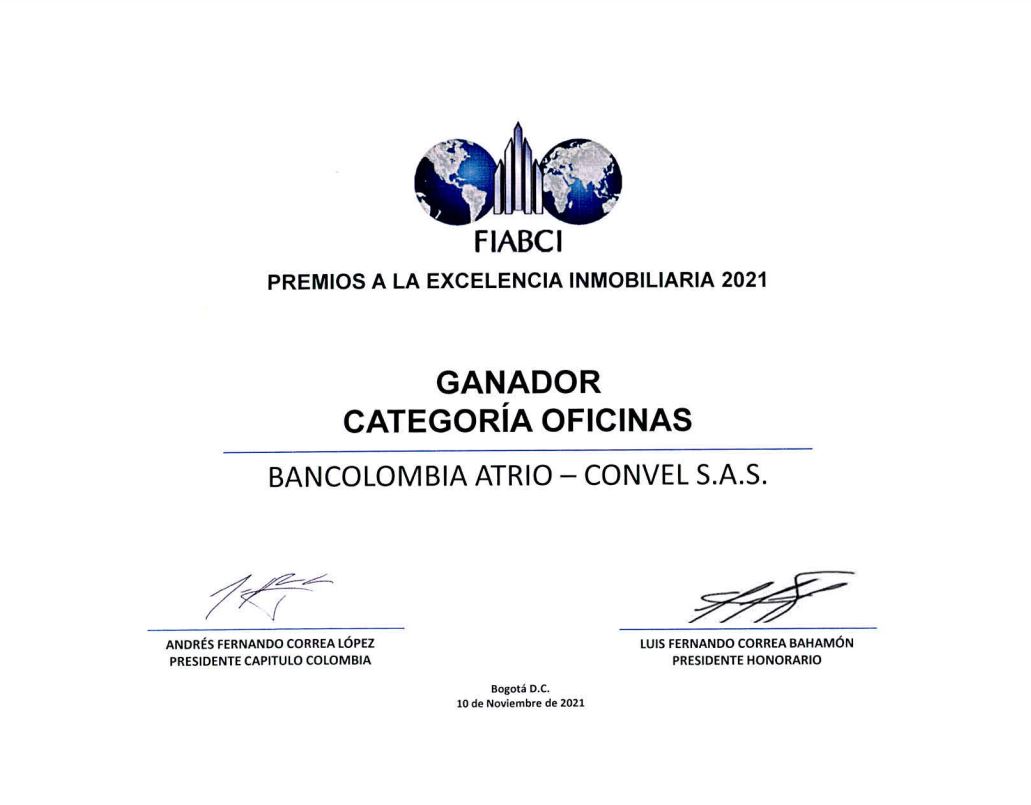 convel_sas's tweet photo. Celebramos el reconocimiento que nos hace @FIABCIColombia en los Premios a la Excelencia Inmobiliaria 2021. Nuestros proyectos @Bancolombia  Atrio y Preescolar Montemayor fueron ganadores. El Hub Coordinadora fue finalista en la categoría Industria. https://t.co/yQG9apSi22