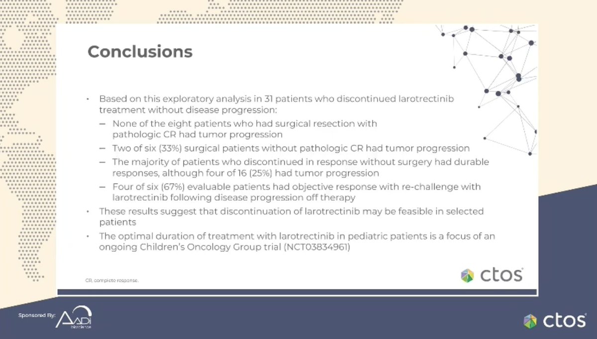 PestanaRC's tweet image. Very interesting data on larotrectinib discontinuation w/o progression on NTRK+ childhood sarcoma

👉 no pt with surgical resection and pCR recurred
👉 most pts with nonsurgical CR also did not progress
👉 efficacy on rechallenge was high

#CTOS2021