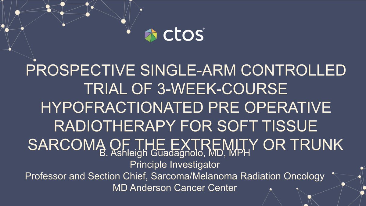 YenLinChenMD's tweet image. Dr. Ashleigh Guadagnolo @ashleighg @ctosociety #CTOS2021 prelim results of single arm trial 3wk hypofrx preop RT for truncal/extr. STS 42.75 Gy in 15: major wound rates &amp;amp; early LC comparable to historical. Look forward to longer FU from this potentially practice changing trial