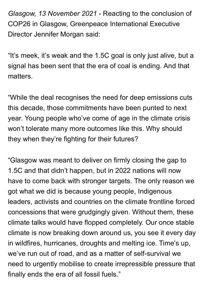 BethRigby's tweet photo. Greenpeace’s verdict on #COP26 

“It’s meek, it’s weak and the 1.5C goal is only just alive, but a signal has been sent that the era of coal is ending. And that matters” https://t.co/ghPVA5EvWg