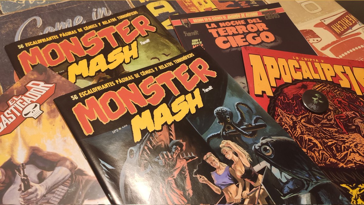 saltparadise's tweet image. Lo que queda de finde lo voy a pasar en compañía del fanzine #MonsterMash de @FesterEnt, el cómic #Lanochedelterrorciego de @marc_gras, ganazas le tengo, el fanzine #LaCripta, y su monográfico sobre el #Apocalipsis, y un poco de #ThePunisher de @Marvel. Casi nada!