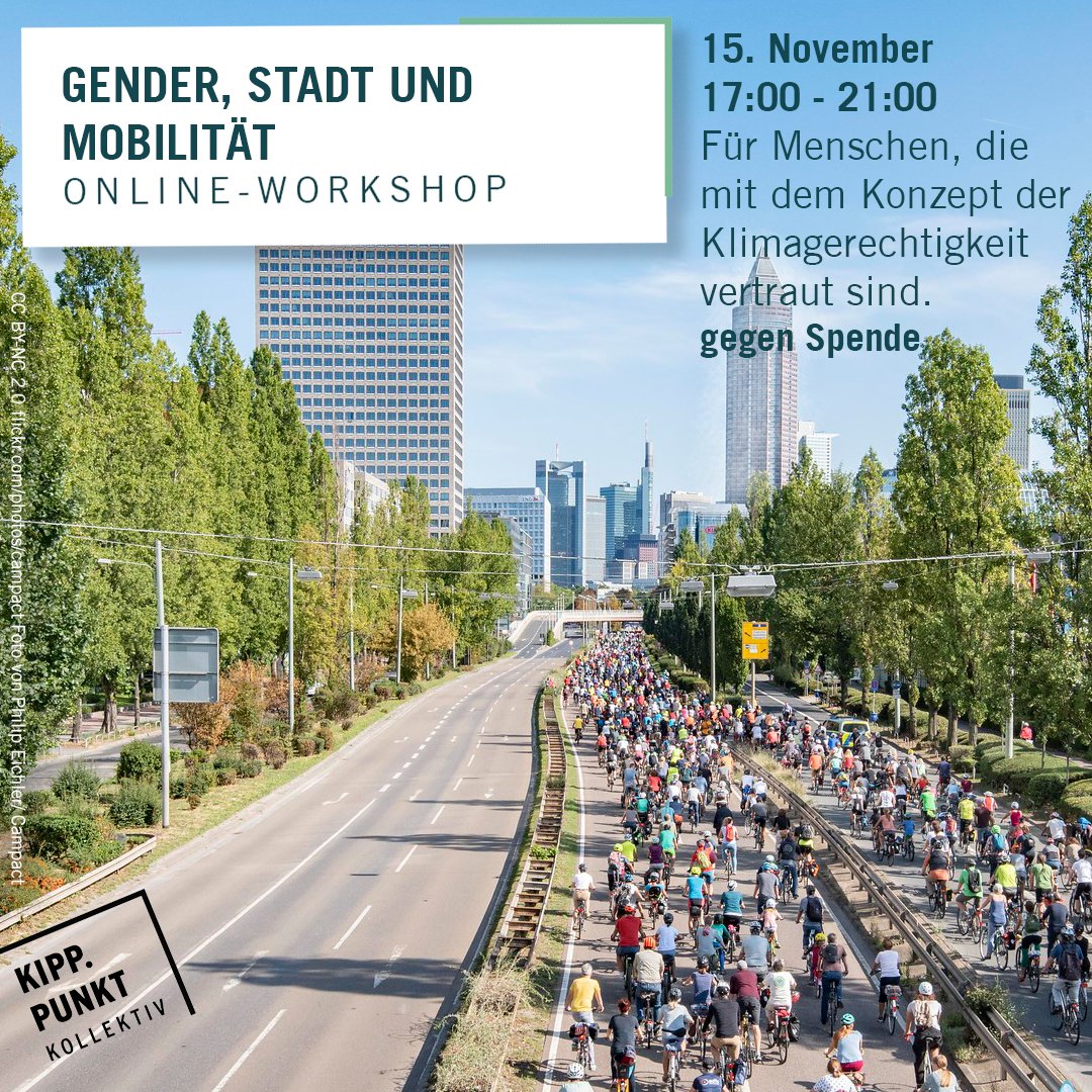 NEUES WORKSHOPKONZEPT:
Gender, Stadt und Mobilität
Am 15. November von 17-21 Uhr

Ihr könnt euch für den Workshop wie immer auf unserer Homepage anmelden, der Link ist in der Bio. Wie immer gegen Spende :)

#Klimagerechtigkeit #Gender #Stadt #Mobilität