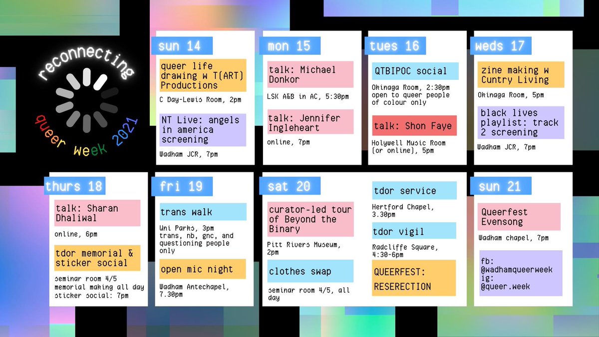 🏳️‍🌈🏳️‍⚧️  queer week: RECONNECTING starts tomorrow!!! 

buckle in for eight days of socials/talks/film screenings/etc for the queer community @ oxford - all welcome! 🏳️‍🌈🏳️‍⚧️