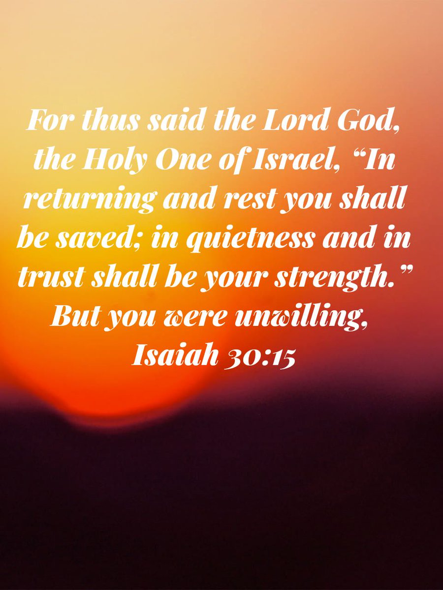 For thus said the Lord God, the Holy One of Israel, “In returning and rest you shall be saved; in quietness and in trust shall be your strength.” But you were unwilling,
Isaiah 30:15 ESV

bible.com/bible/59/isa.3…