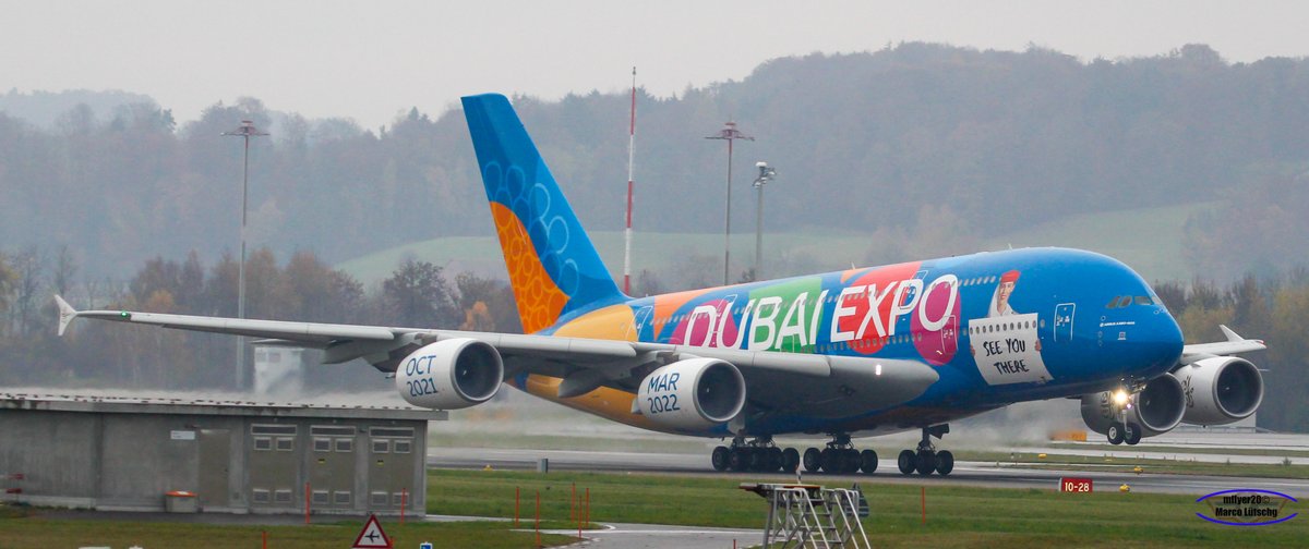 mlflyer20's tweet photo. Heute am Flughafen Zürich der A380 der Emirates mit der Sonderbemalung Dubai Expo Be Part of the Magic. 
Fotos Marco Lütschg 
#ZRHFanPhoto @emirates @zrh_airport https://t.co/FQq9qlMEyD