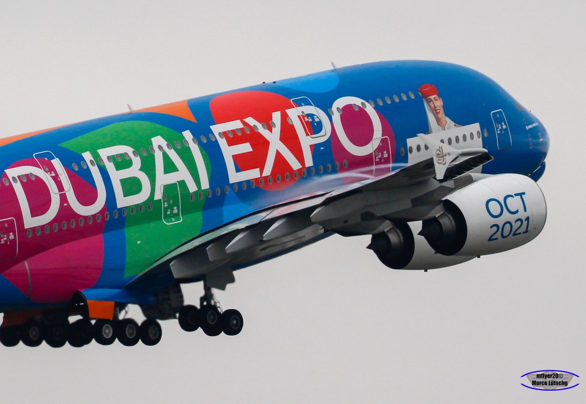 mlflyer20's tweet photo. Heute am Flughafen Zürich der A380 der Emirates mit der Sonderbemalung Dubai Expo Be Part of the Magic. 
Fotos Marco Lütschg 
#ZRHFanPhoto @emirates @zrh_airport https://t.co/FQq9qlMEyD