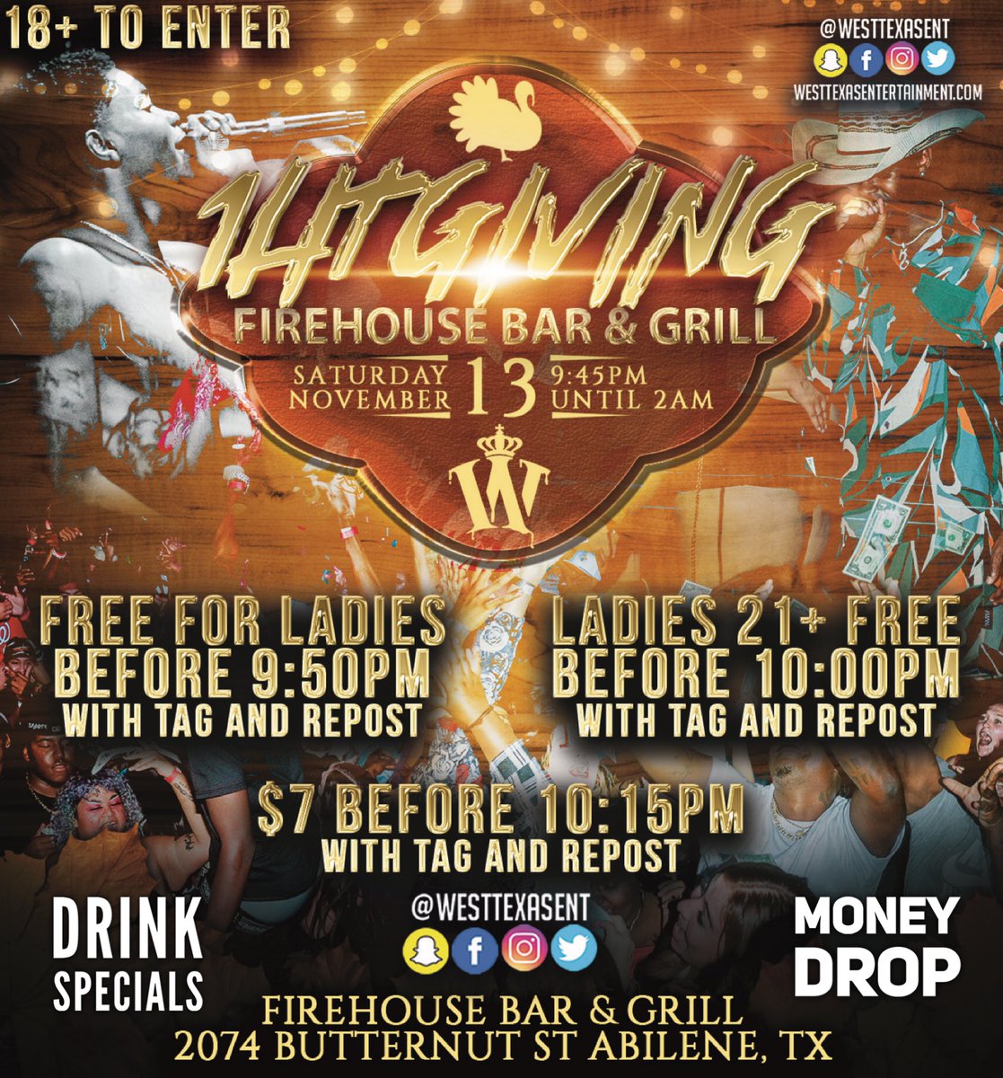 ImSoVannah's tweet photo. The biggest money drop in west Texas ! 💰 Every time a person enters we add more to money pot ! 
Saturday November 13th
Repost flyer and tag us for discount! Early Arrival Extremely advised ! Drink specials , food, and a lot more ! 🍁🍾
Address : 2074 Butternut St Abilene Tx https://t.co/nwNRMve193