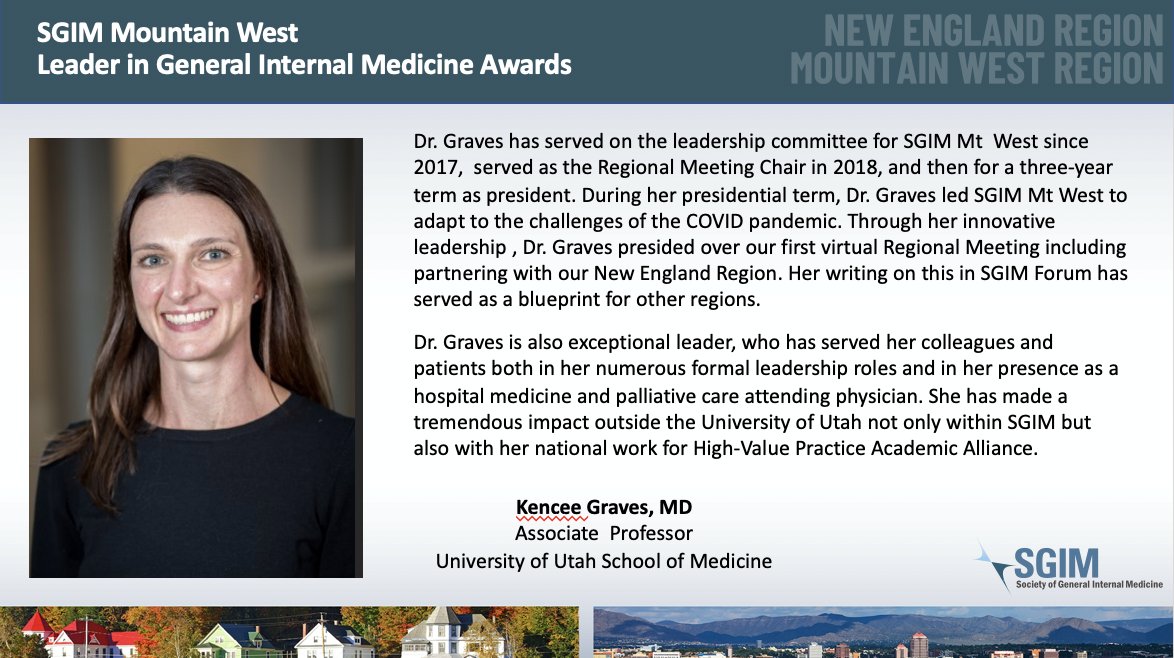drlessing's tweet photo. Join me in congratulating Dr. Kencee Graves @KenceeMD winner of the 2021 Mountain West SGIM Leader in General Internal Medicine Award! We are so grateful for your unwavering service to @SocietyGIM #SGIMNewEnglandMtWest21 #MedTwitter @UofUInternalMed @UofUgim @UofUMedicine https://t.co/cDFnfEmOmq