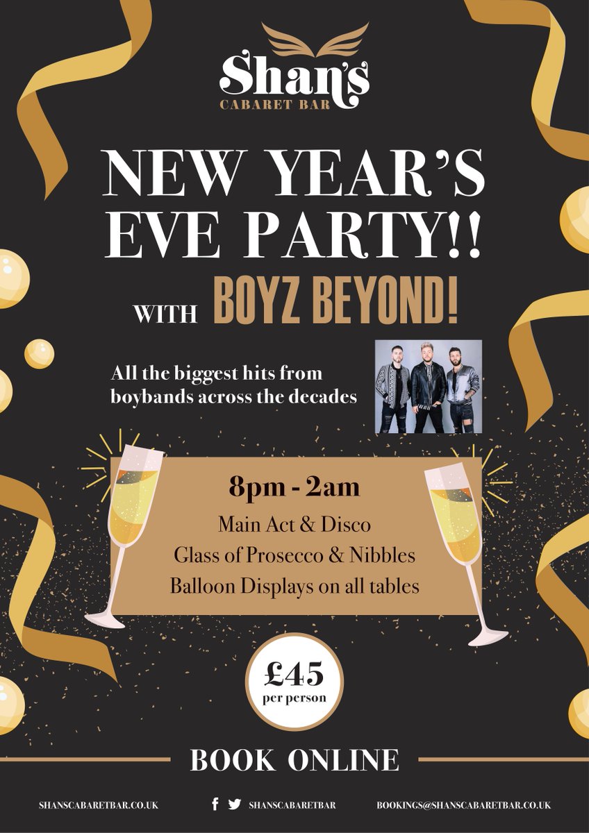 WE'VE GOT 2 NEW YEARS EVE'S TO MAKE UP FOR!!🎉🍾

So let's make this one a good one!!

Live music from Boyz Beyond , disco, nibbles, prosecco &amp; decs! Party til 2am!

BOOK NOW:  buff.ly/3FkN40F

#newyearseve #NYE #newyears2021 #Yate