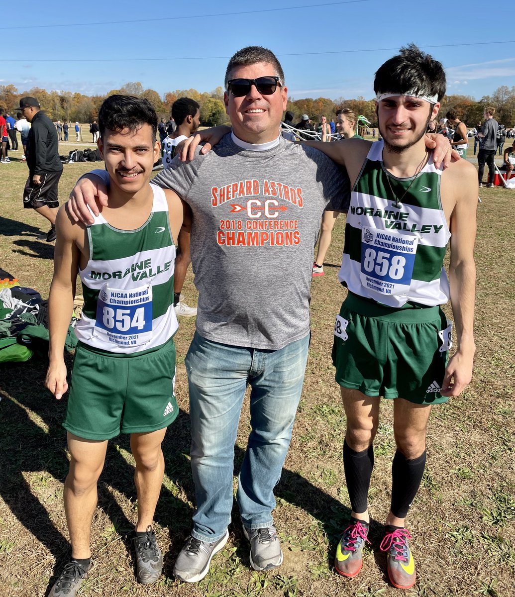 Shepardtfxc's tweet photo. Coach Walker got to watch 2 Shepard alums,  Jackson Sima &amp; Juan Ramos, run PR’s at their national meet today in Richmond for Moraine Valley.  We are so proud of these boys! https://t.co/0vcHWC466A