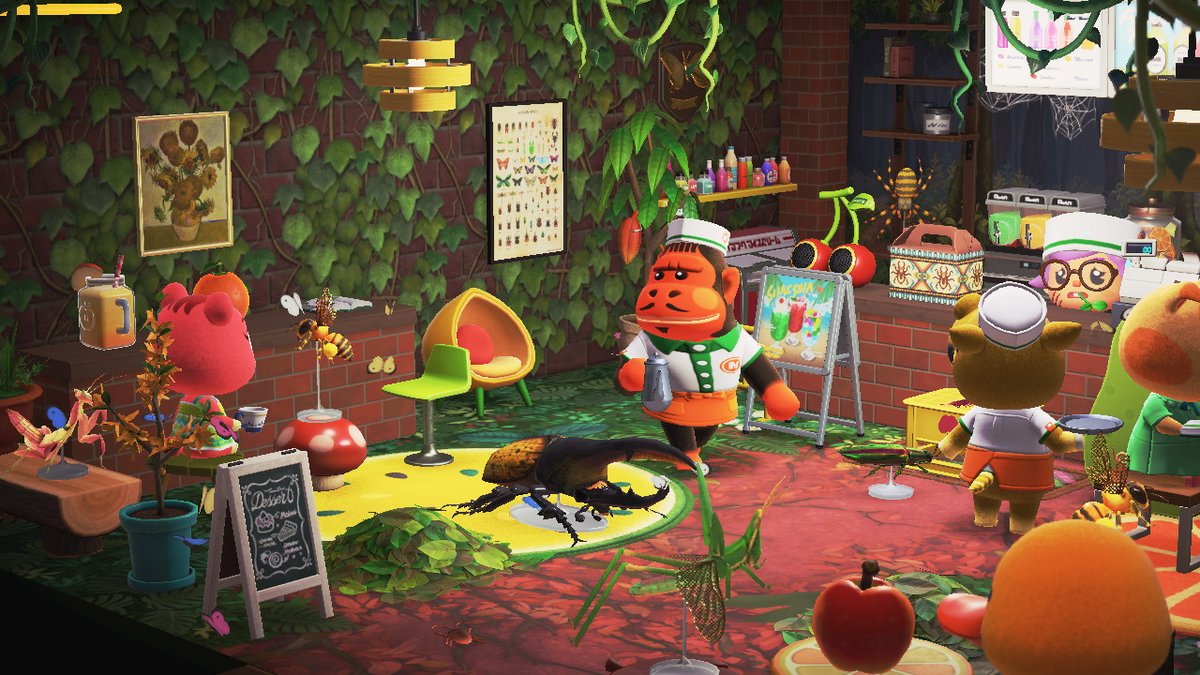 GulliverLemmy's tweet photo. opening day of beetle's juicery new resort franchise location coincided with a butterfly convention :/ #AnimalCrossing #ACNH #NintendoSwitch https://t.co/60Qp5jQttU