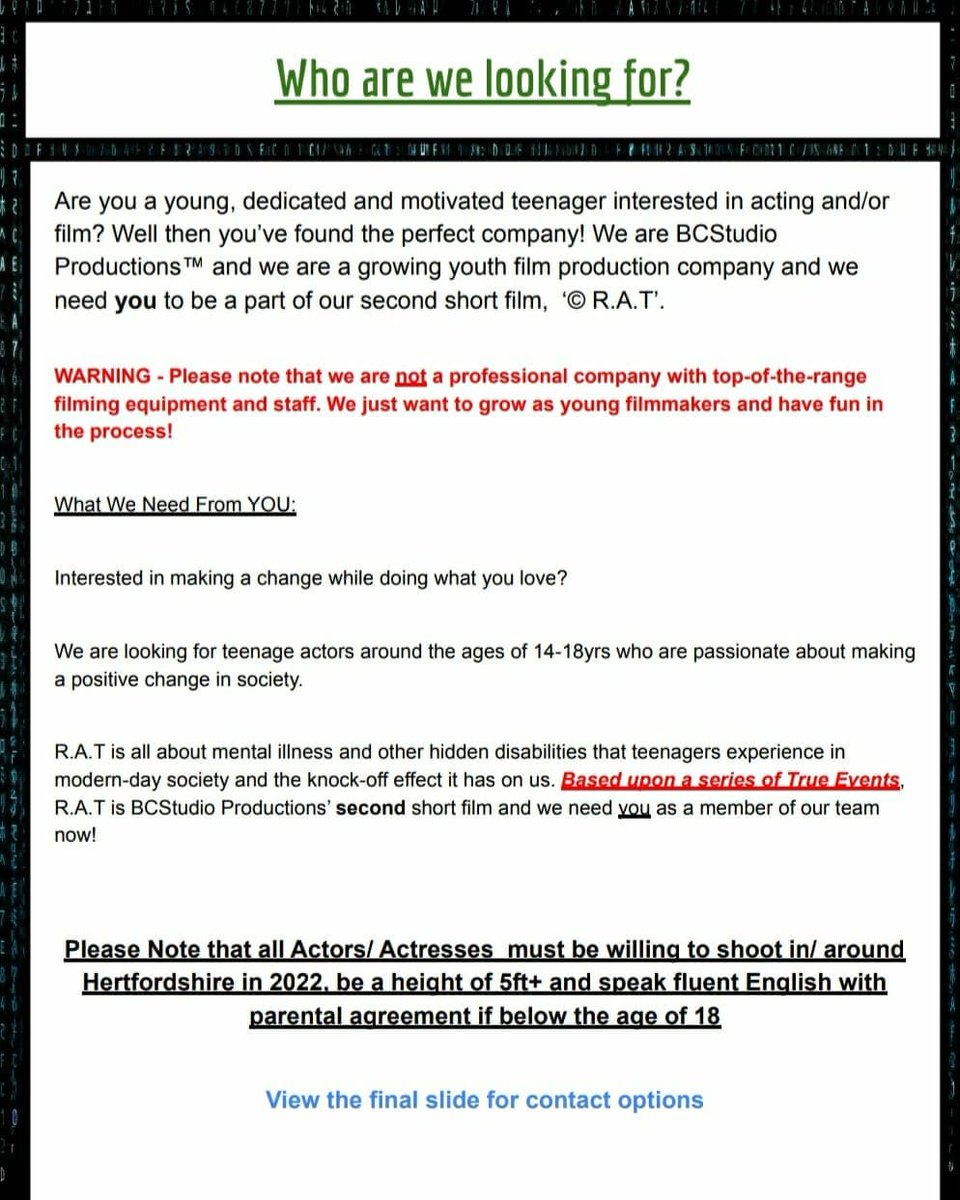 bcstudiospro_'s tweet photo. Hey everyone!

Check out the official casting call for our second upcoming short film, © R.A.T!

With twelve characters in total and eleven in need of casting, feel free to drop in for an audition and submit an application on our website on the 'Book An Audition' page now! https://t.co/79i08yPoDd