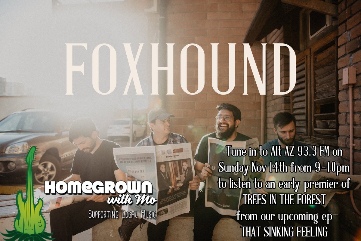 foxhoundaz's tweet photo. Excited to announce that @altaz933 will be premiering an early release from our upcoming ep, Sunday Nov 14th
Tune in to 93.3FM from 9-10pm during the #homegrownwithmo show, hosted by @MoRoRadio
#phoenix #localmusic #emorock #newrelease #TreesInTheForest #hilaryduff https://t.co/LbD0JED0h5