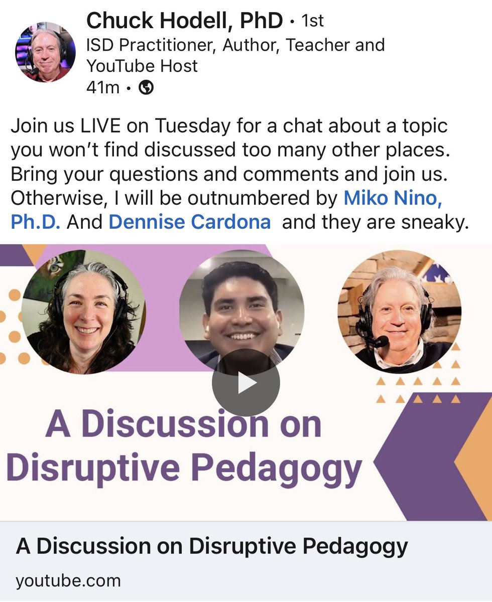Thanks for the invitation to discuss the sometimes controversial “disruptive pedagogy”
Next Tuesday at 6:00pm

youtu.be/xoFNzzQfe7c
