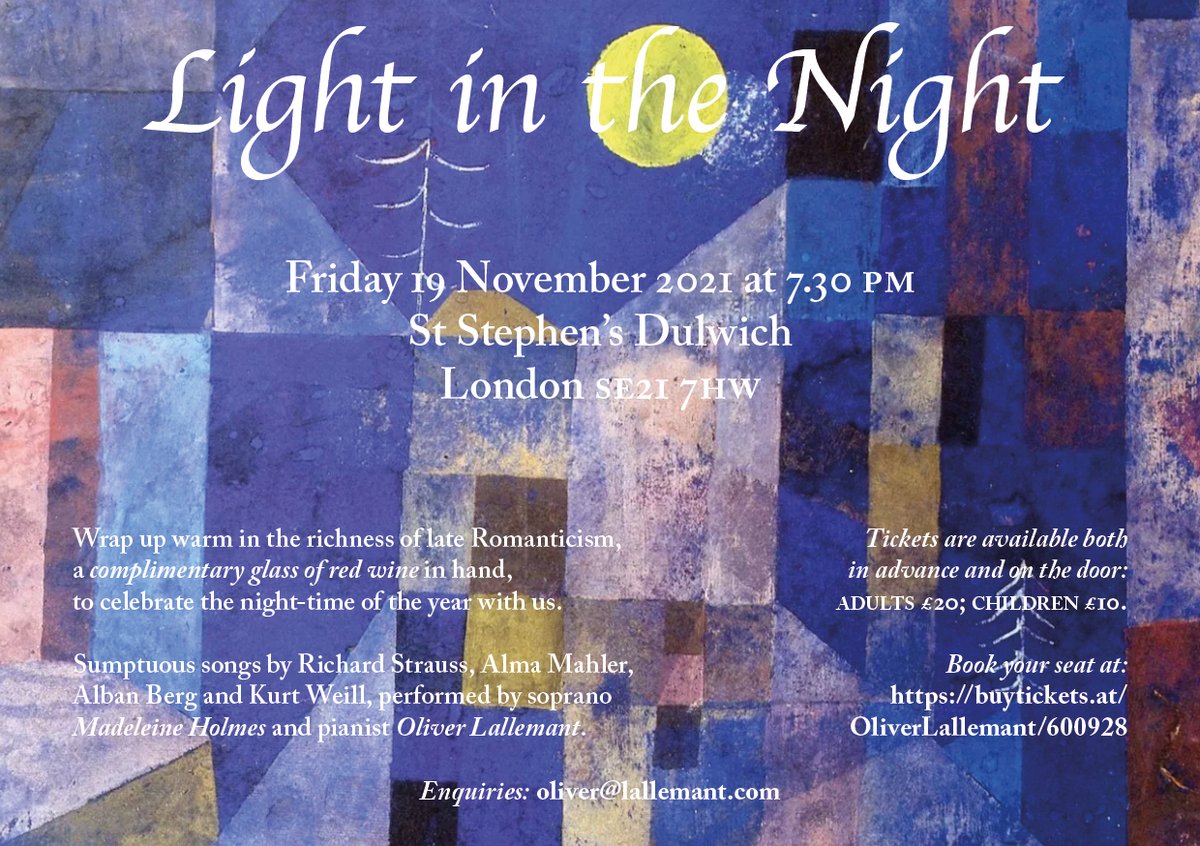 oliverlallemant's tweet image. A delightful concert in St Stephen's Dulwich on Friday 19 November at 7.30pm! Soprano Madeleine Holmes @Maddyhsop with me on our new grand piano. Tickets in advance and on the door: adults £20 (including a glass of wine); children £10.
Book your seat at: buytickets.at/OliverLalleman…