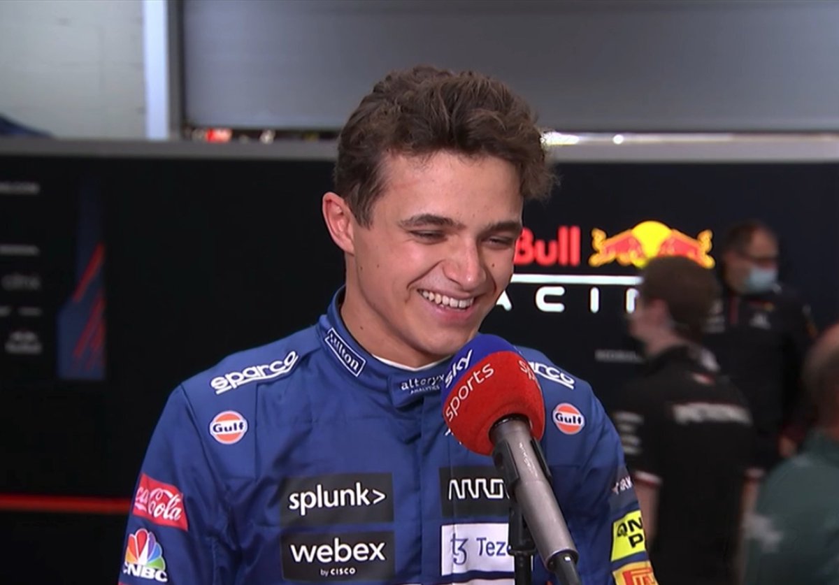 landonor4's tweet photo. lando joking about lewis in his interview ‘if he’s gone from last to 5th in a 24 lap race, he should have 3 wheels on his car to make it fair’ 😂😂 https://t.co/IYq1nvjF9x