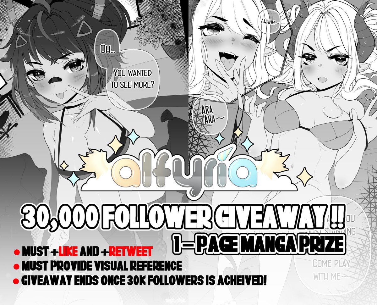 Alfyria's tweet photo. ✨💕 30K TWITTER FOLLOWER GIVEAWAY ☁️✨
Single-Character / 1-Page Manga Prize x1 Winner! 

• Must LIKE and RETWEET this post to enter!
• Must be able to provide a visual reference of your oc!
• Giveaway ends once 30k Followers is achieved! 

Tysm! 💕💕 https://t.co/JnBT1uZijr