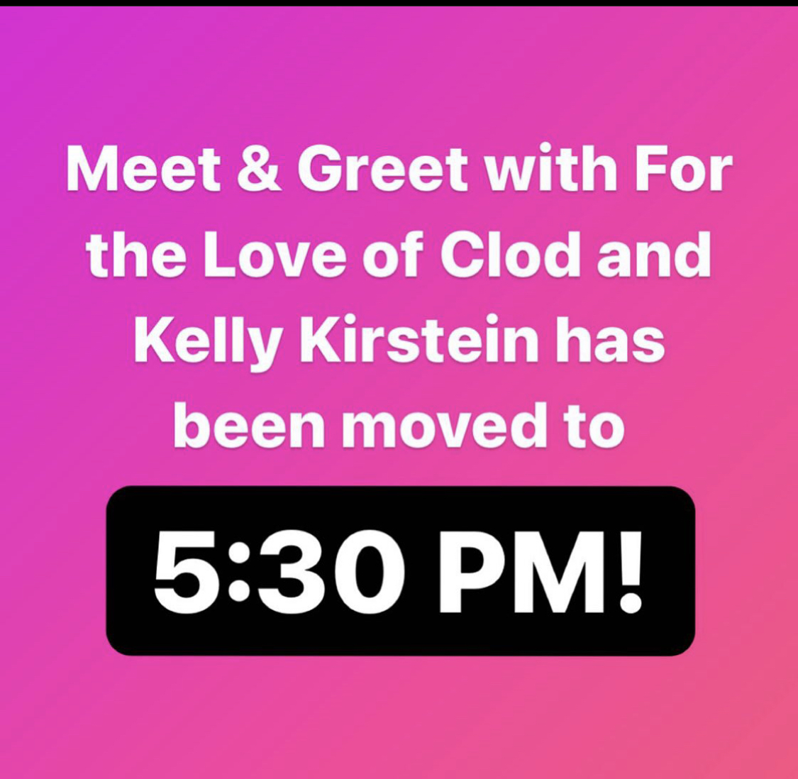 EmpireCityCon's tweet photo. The Meet &amp; Greet with For the Love of Clod and Kelly Kirstein has been moved to 5:30 pm! https://t.co/oTOme2d9U8