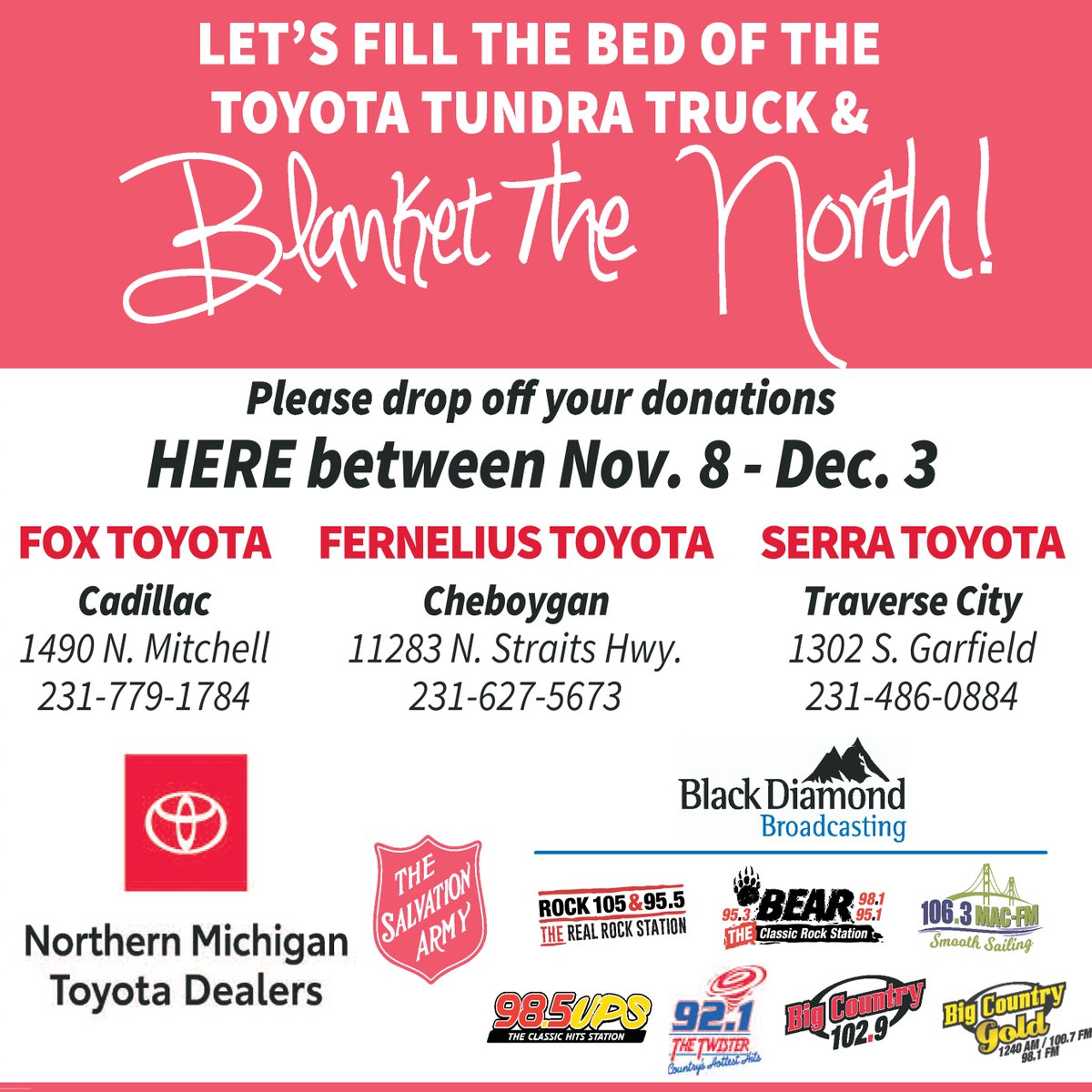 985WUPS's tweet photo. Help us Blanket the North with Warmth. Your donations of new blankets, towels, sheets and pillows will help other locally. Drop off at # FoxToyotaCadillac by Dec. 3rd. https://t.co/3nxpnOaswT