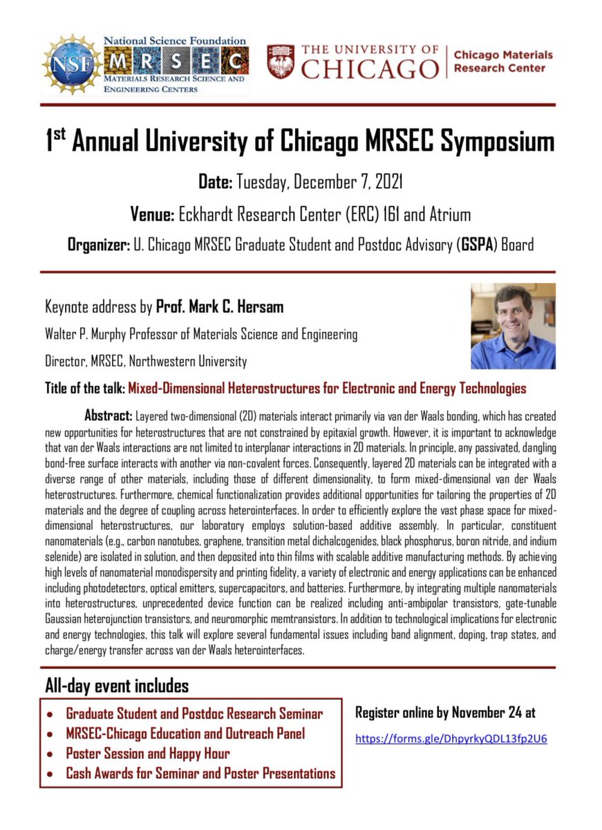 As the founding members of <a href="/UChicago/">The University of Chicago</a> #MRSEC Graduate Student and Postdoc Advisory (GSPA) Board, we are pleased to organize the first <a href="/UChicago/">The University of Chicago</a> #MRSECday on December 7, 2021 featuring a keynote by Mark Hersam <a href="/NorthwesternU/">Northwestern</a>! (1/2)