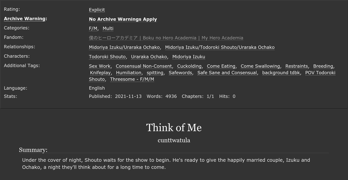 cunttwatula's tweet photo. Guys! I'm finally able to post the fic I wrote for the @ColdInfernoZine !!! Check it out 🥰

----

✨Title: Think of ME

✨Todo + IzuOcha
✨Oneshot
✨~5k words

Read here ↘️⬇️↙️
https://t.co/7YKfRpoRL4 https://t.co/jMBbZVVAez