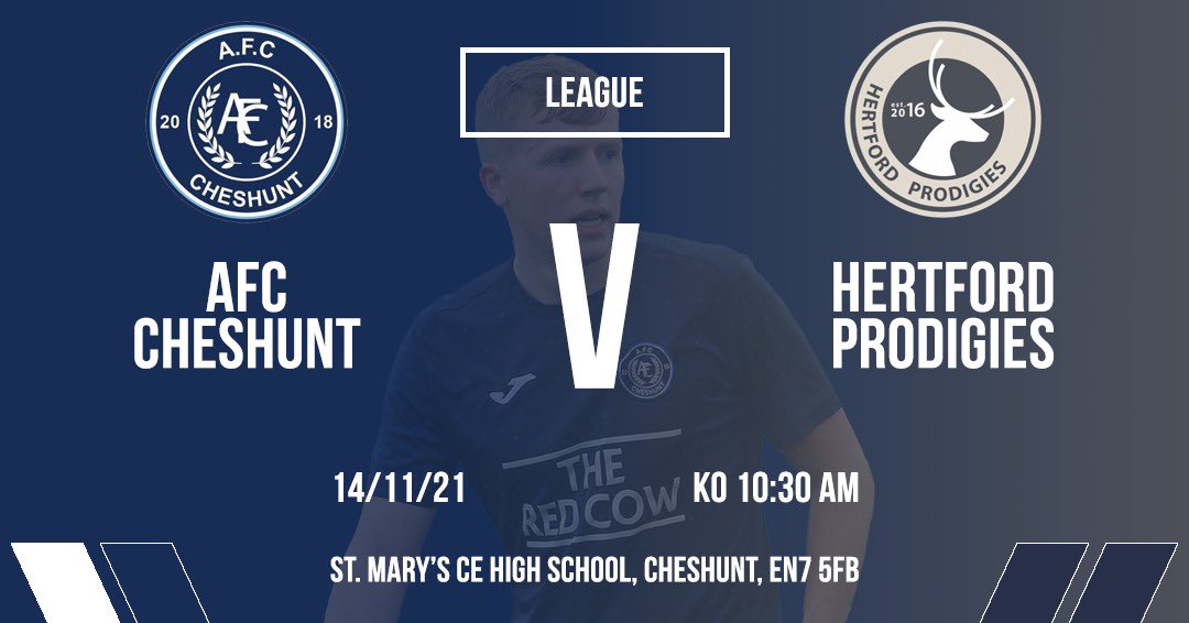 🆚 <a href="/hertsprodigies/">Hertford Prodigies</a>
🏆 League
📍 St Mary’s School, Lieutenant Ellis Way, Cheshunt, EN7 5FB, Hertfordshire
⏱ KO 10:30am