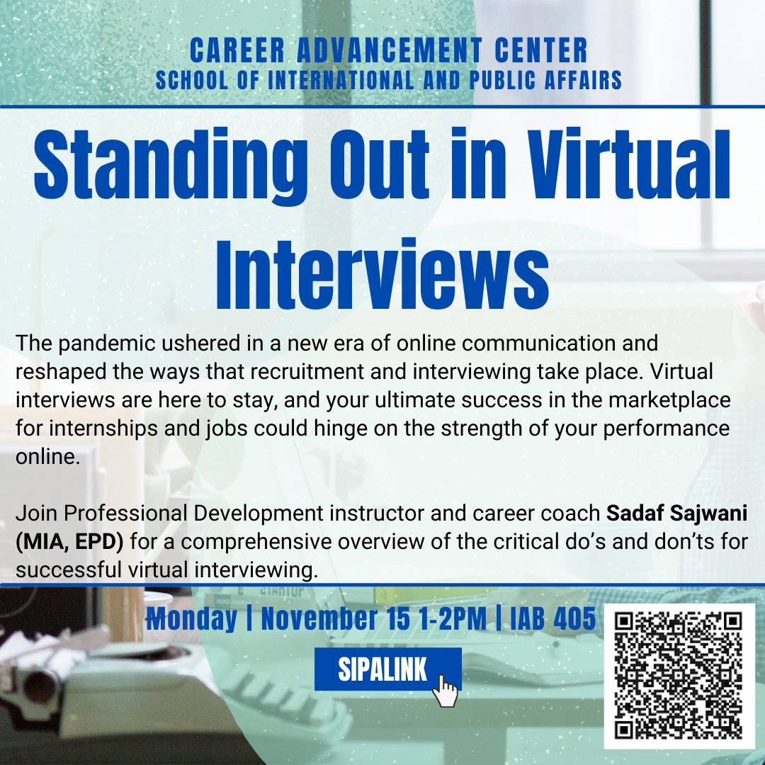 Join the workshop on ✨Standing Out in Virtual Interviews✨next Monday, November 15th from 1 to 2 pm ET. 👉Scan the code or go to SIPALink to register! #Sipa_CAC #ColumbiaUniversity #Careers 👩‍💻👨‍💻