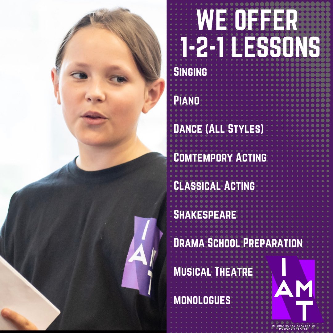 We offer 1-2-1 sessions in the following subjects:

Book your FREE TRIAL today via info@theiamt.co.uk

#TheIAMT #MusicalTheatre #WestEnd #Broadway #YouthTheatre #AmDram #Surrey #LAMDA #Performance #Singing #Lessons #Dancing #Acting