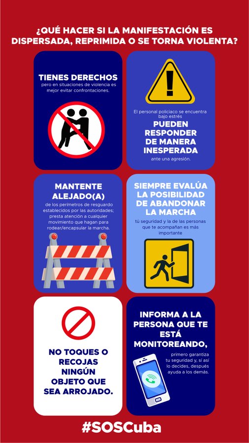 prensalibreCU's tweet photo. A pocas horas de la Marcha Cívica por el Cambio #15NCuba,les compartimos algunos consejos sobre cómo participar en una manifestación y qué medidas tomar en caso de que la marcha sea invadida por la violencia policial. Manifestarse pacíficamente es un derecho #prensalibrecubalibre https://t.co/C3wMAburTb