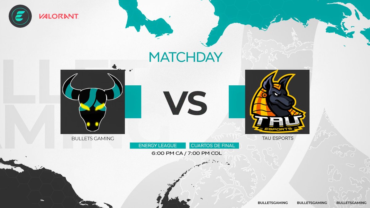 #Valorant • ¡GAMEDAY!

Nuestro segundo partido del día son los cuartos de final de la 🏆 Energy League.  

🆚 @EsportsTau
⏰ 6:00pm 🇲🇽 • 7:00pm 🇨🇴

¡A por esas semifinales! 😏

#GOBULLETS