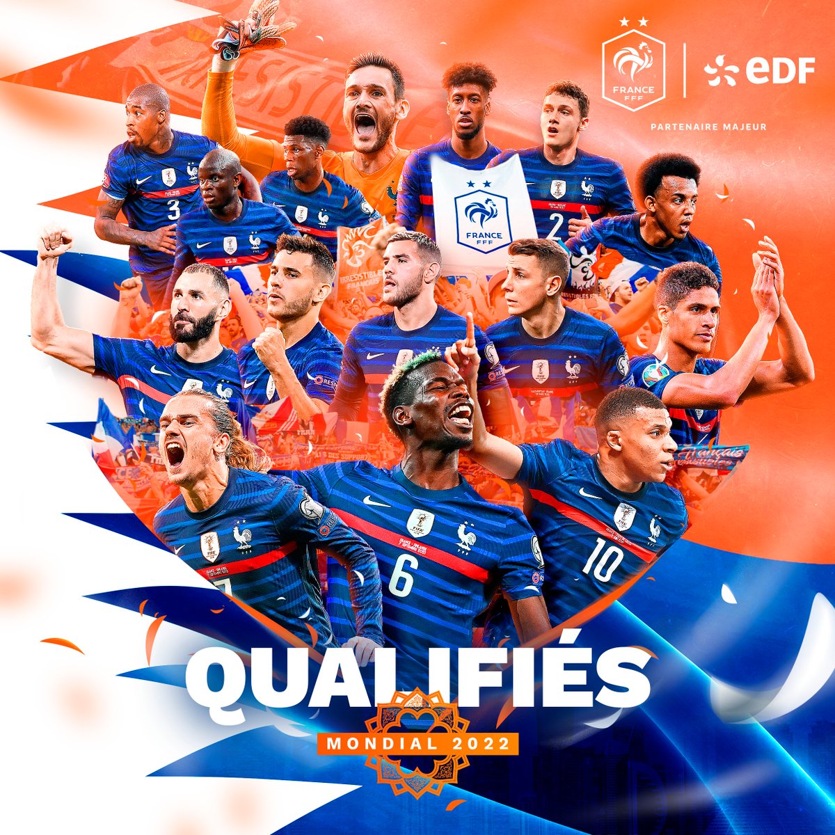 EDF_Foot's tweet image. Les Bleus sont officiellement 𝐪𝐮𝐚𝐥𝐢𝐟𝐢𝐞́𝐬 pour le Mondial 2022 ! Ils défendront leur titre dans un an au Qatar, en espérant que l’aventure sera aussi belle qu’en 2018 😍 #FRAKAZ #EnergieduFoot