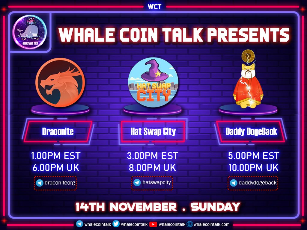 WhaleCoinTalk's tweet photo. 🚀Join us for 3 AMAs on 11.14.21🚀 

📣 1️⃣AMA 𝒘𝒊𝒕𝒉 @DraconiteToken
⏰ 1pm EST / 6pm UK 

📣 2️⃣AMA 𝒘𝒊𝒕𝒉 @hatswapcity
⏰ 3pm EST / 8pm UK 

📣 2️⃣AMA 𝒘𝒊𝒕𝒉 @ddogeback
⏰ 5pm EST / 10pm UK 

🐳𝑆𝑒𝑒 𝑦𝑜𝑢 𝑡ℎ𝑒𝑟𝑒 𝑓𝑒𝑙𝑙𝑜𝑤 𝑤ℎ𝑎𝑙𝑒𝑠. 🐳 https://t.co/vpwMDIdPjS