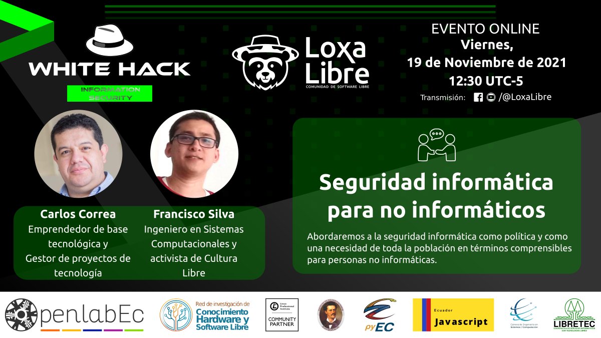 loxalibre's tweet photo. 📅Viernes, 19 de noviembre, a las 12:30 UTC-5

Seguridad informática para no informáticos gracias a @fcosilvag y @calu 
🖊️ Registro: https://t.co/qI83u8CX0f

📃Incluye certificados de Asistencia y Cupones LPI
@RedLibre_EC @OpenlabEc @loxaesmas @jsecuador_ @pyecuador @cooplibretec https://t.co/QYDHXjXU21