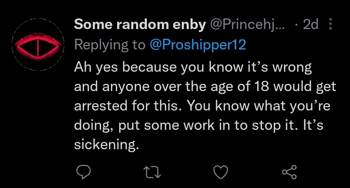 Proshipper12's tweet photo. It's you blocked me or I'm unable to see your reply. Either way, you're right about the whole "oh you'll get arrested for having cp" but come on, be real. 

Police aren't even that dedicated to their jobs. Why would they devote their time for ppl over the internet instead of irl. https://t.co/F7vOPeC2oJ