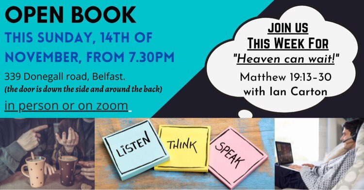 LeftSideUpNI's tweet image. Our Weekly Open bible conversation is back after our wonderful Open Table Event last week.  Send us a message for the Zoom link or come and join us in person.