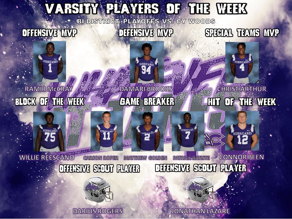 Congratulations to our <a href="/KLEINCAINFB/">Klein Cain Football</a> Players of the Week in our Bi-District Playoff victory over Cy Woods #REIGNCAIN #STORMSURGE21 #WhateverItTakes <a href="/RamirMcCray28/">Ramir "Mir" McCray</a> @DamariBrooks94 <a href="/christarthur9/">4🏝</a> <a href="/WReescano/">Willie Reescano lll</a> <a href="/Carsonroper12/">Carson roper</a> <a href="/MatthewGolden_2/">Golden Child 💫</a> <a href="/PatrickBatiste8/">Patrick Batiste</a> @BeenConnor