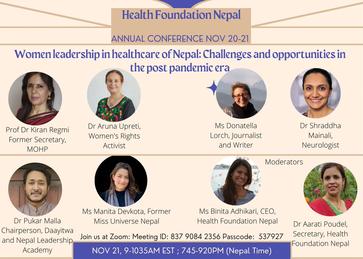 AdhikariBini's tweet photo. Looking forward to speaking with this star panel of female and male leaders about women leadership in healthcare of Nepal! Please join us on Nov 21, Sunday at 7:45pm NT. @HFNepal @pukarmalla @tangledjourneys @manitaldevkota @arunauprety1 @MainaliShraddha @regmikiran https://t.co/QHYKKNxmwg