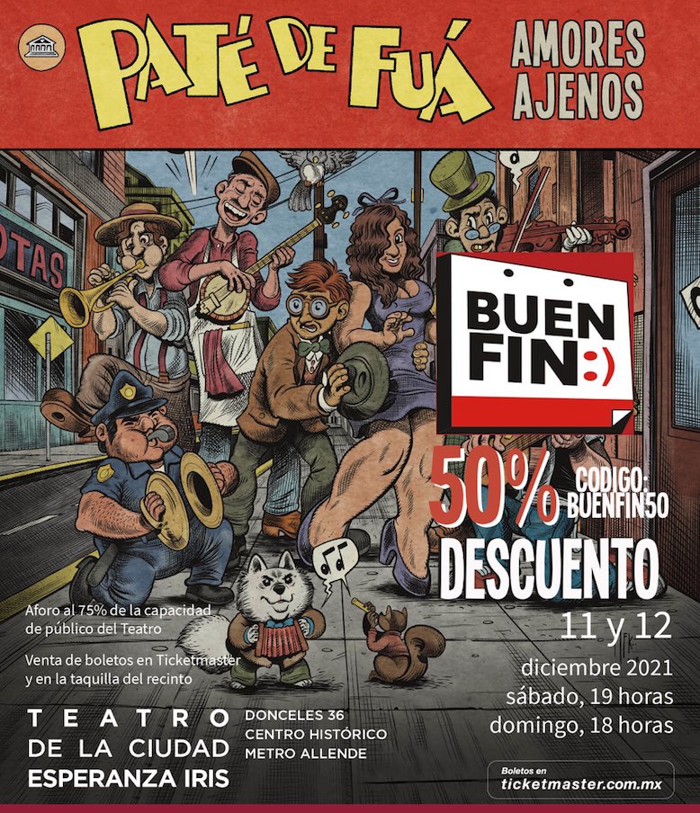 Promo de buen fin! 
Tenemos 50 % de descuento en taquilla y en Ticketmaster con el código BUENFIN50

Ven a disfrutar con nosotros este regreso a los espectáculos. 11 y 12 de Dic en el hermoso Teatro de la Ciudad! 

Ya falta cada vez menos 🙂👍👍😍