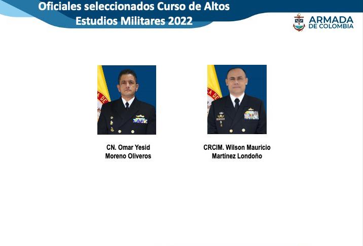 ArmadaColombia's tweet photo. La @armadadecolombia felicita al señor Capitán de Navío Omar Yesid Moreno Oliveros y a el señor Coronel de Infantería de Marina Wilson Mauricio Martínez Londoño, que fueron seleccionados para  integrar el Curso de Altos Estudios Militares (CAEM) en el año 2022. https://t.co/ecHl0Wzlpq