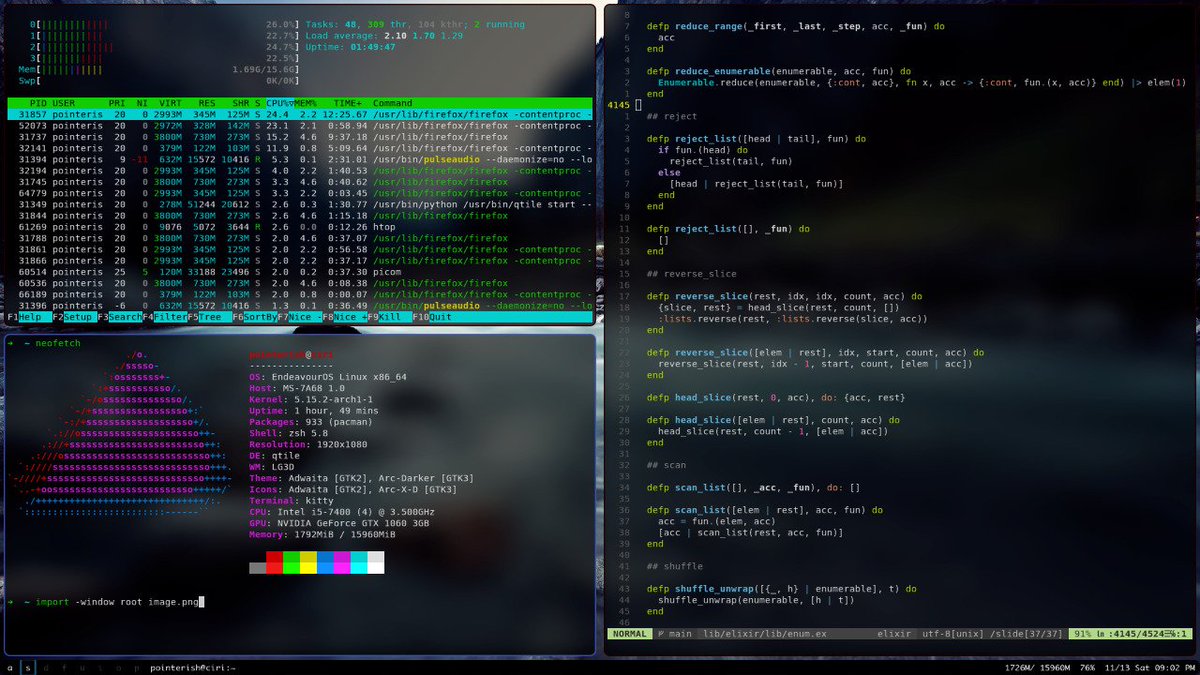 pointerish's tweet image. It&apos;s getting pretty. Might not be much, but it&apos;s honest work. 🙃 #qtile #picom #kittyterminal #neovim