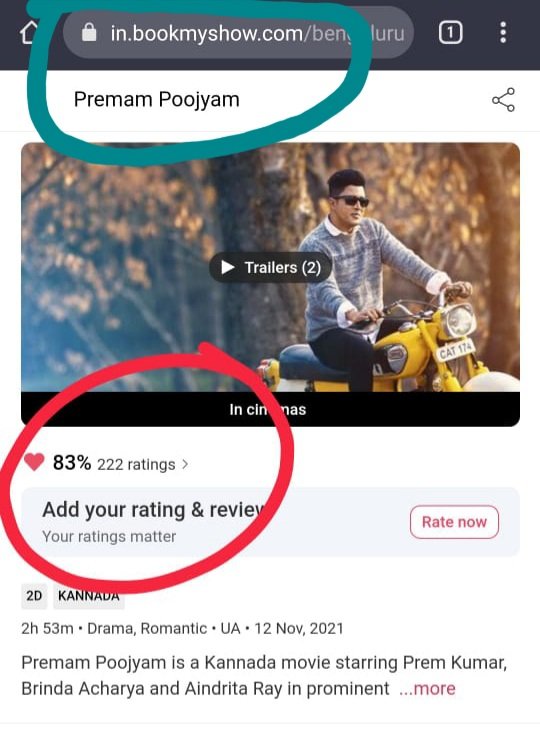 Book my show ನಲ್ಲಿ ಇಂತ 83%❤ ರೇಟಿಂಗ್ಸ್ ಬರಕ್ಕೆ 1 ವಾರ ಬೇಕು. ಆದರೆ release ಆದ 2ನೇ ದಿನಕ್ಕೆ 83% ಲೈಕ್ಸ್ ಸಿಕ್ಕಿರುವ ಸಂತಸ ನಿಮ್ಮೊಂದಿಗೆ 🙏 ನೋಡದಿರುವವರು, ನೋಡಿ ಹರಸಿ 🙏 ಪ್ರೇಮಂ ಪೂಜ್ಯಮಂ ಸ್ನೇಹಂ ಪೂಜ್ಯಮಂ