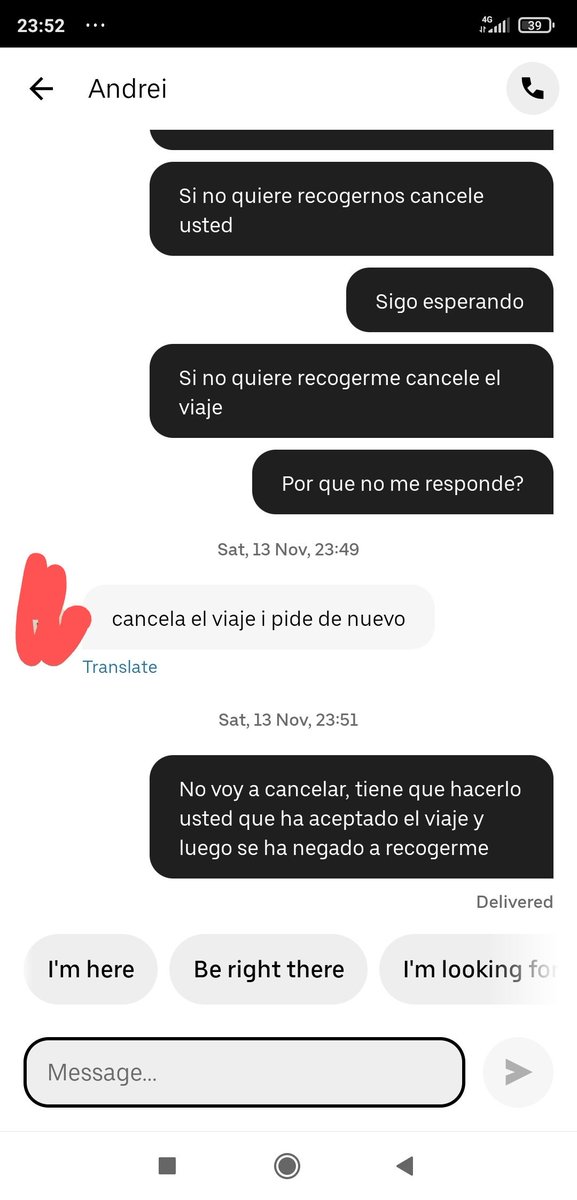 p_scbr's tweet photo. @Uber_ES @Uber segunda vez que me pasa en menos de 2 meses, pido un uber, el conductor me acepta y enseguida me dice que cancele. Al final pasa por delante de mí sin recogerme y nunca cancela. Con todo ello y sin forma de ponerme en contacto con Uber, encima me cobráis. https://t.co/Kjtao9nQM1