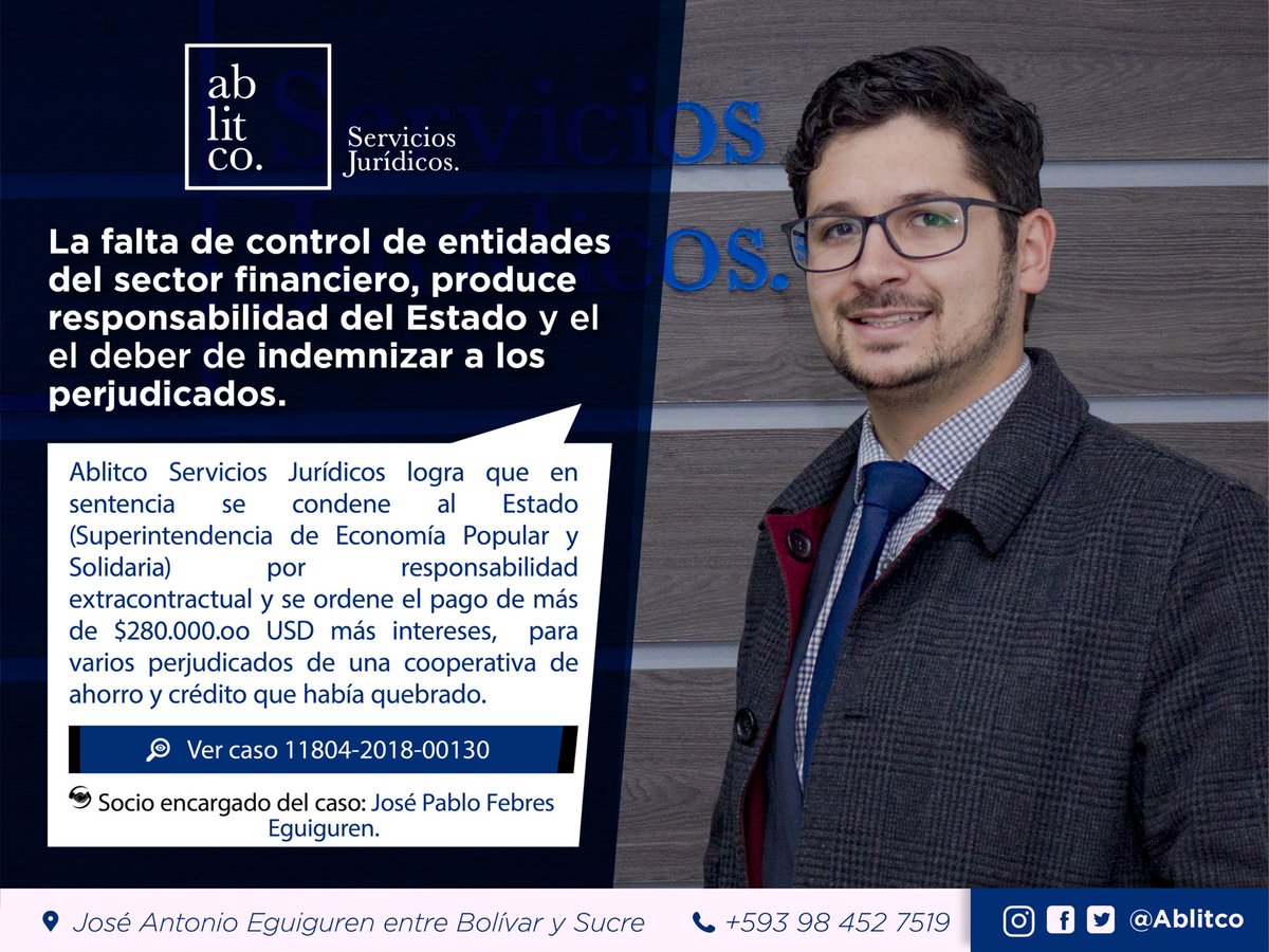 ablitco's tweet photo. Nuestro socio ⁦@josefebrese⁩ logra un importante precedente en el que se declaró la responsabilidad extracontractual del Estado ⁦@SEPS_Ec⁩ y se ordenó una indemnización de más de 280.000,00 para las personas perjudicadas https://t.co/e39RENnGKG