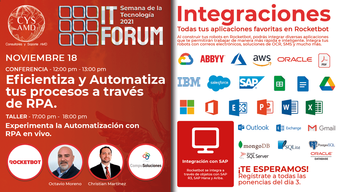 CYS_AMD's tweet photo. Aprende de la mano de Rocketbot, más sobre temas de automatización de procesos (RPA). Asiste también al taller virtual "Experimenta la Automatización con RPA en vivo".

Regístrate (Día 3): https://t.co/IfwYh2C6F8
#rocketbot #automatización #itforum #tics #tecnología #cysamd https://t.co/7150osmNTa