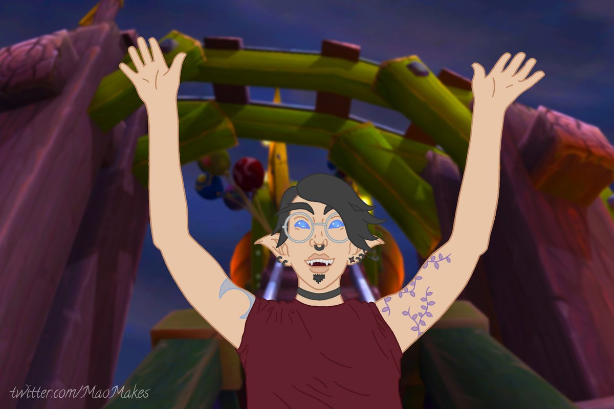 MaoMakes's tweet photo. Day 13: Darkmoon Faire
Back to the prompts after my break!~
Here's Fyre on the Darkmoon Faire roller-coaster, he recently visited it with his friends and dressed a little darker to see Blight Boar ๐ค
#Nelfember #Warcraft #ArtPromt #ArtistOnTwitter #NightElf #Kaldorei https://t.co/DbhxxMu5GF